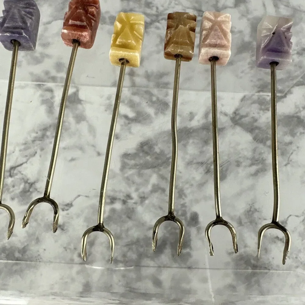 Vintage Tiki Easter Island Cocktail Appetizer Forks Skewer Carved Stone Set 12